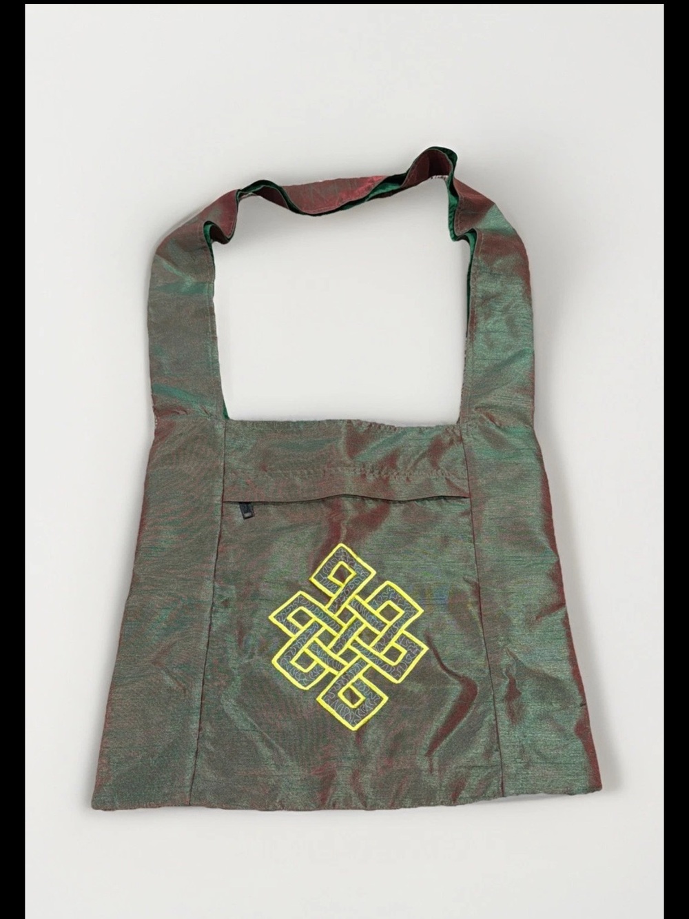 Tibetan Dharma Boho Shoulder Lama Monk Silk Iridescent Green To Red Fabric Bag